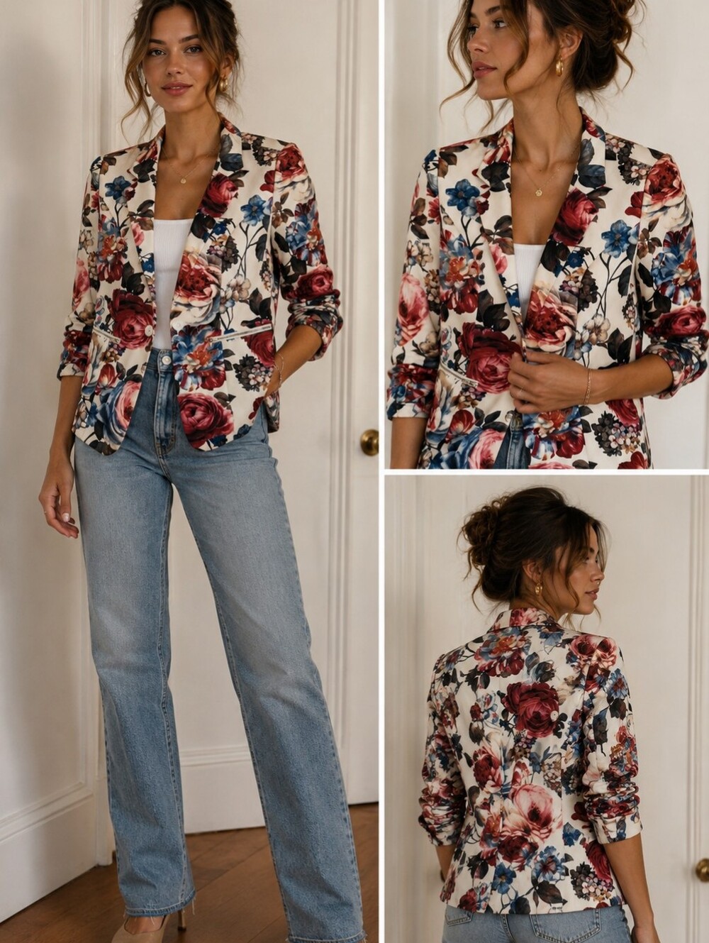 Floral Notch-Lapel Blazer Jacket - Cream with Rose & Blue Print